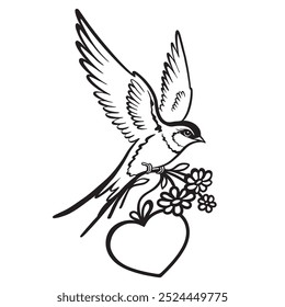 Swallow bird with heart frame and flowers, floral border, mogoramma, for text. Greeting frame, invitation, vector illustration, line art, outline, laser cutting