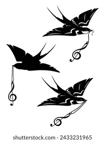 swallow bird holding treble clef pendant - black and white classical music concept vector design set