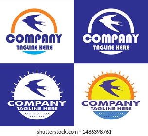 Swallow is bird in the middle of the logo. There is a Sun behind on top and sea at the bottom of the logo. This logo can be used for travelling or transport companies. 