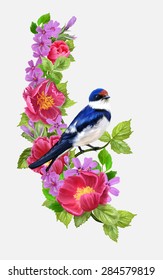 Swallow bird on a background composition of red and pink flowers, green foliage