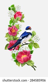 Swallow bird on a background composition of red and white flowers, green foliage