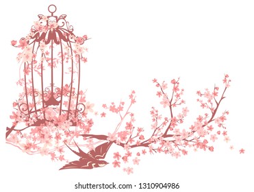 swallow bird, open cage and blooming sakura tree branches - spring season vector design