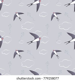 Swallow bird pattern with clouds and kites