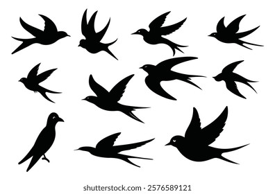 Swallow bird silhouette set, docorative line flying art.