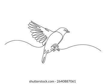 Swallow bird in single outline illustration. Continuous line art drawing of perching swallow bird. Editable stroke.