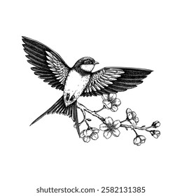 Swallow bird sketch. Cherry blossom hand drawn vector illustration. Sakura flowers drawing. Spring design. NOT AI generated.