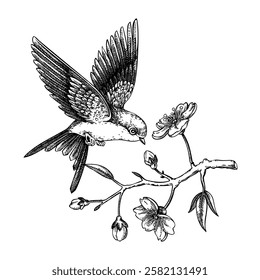 Swallow bird sketch. Cherry blossom hand drawn vector illustration. Sakura flowers drawing. Spring design. NOT AI generated.