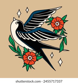 Swallow Bird Traditional Tattoo Vector Illustration