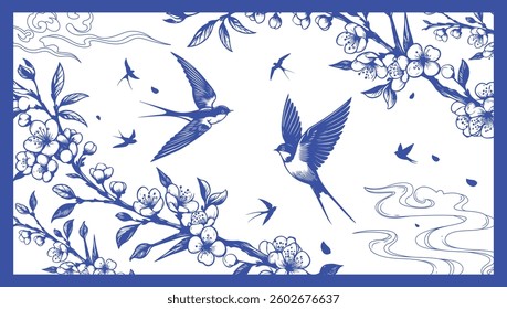Swallow bird vector with cherry blossom branch wallpaper