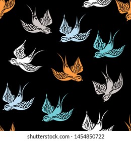 Swallow bird vector pattern. illustration for fabric, wallpaper, cover, cards, pet products and other. Black background. -Vector.