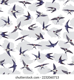 Swallow bird vector seamless pattern.