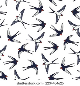 Swallow bird vector seamless pattern.