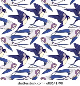 Swallow, birds. Colorful seamless pattern, background.