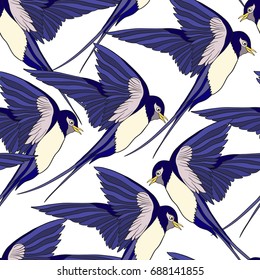 Swallow, birds. Colorful seamless pattern, background.