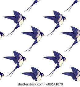 Swallow, birds. Colorful seamless pattern, background.