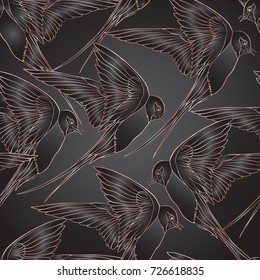 Swallow, birds. Colorful seamless pattern, background in rose gold colors on black background.