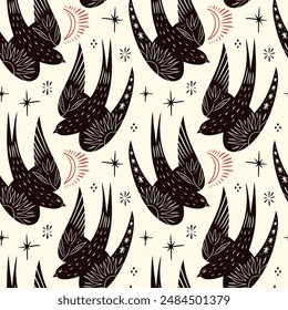 Swallow birds and flowers seamless pattern, vector ornate design elements. Abstract bird decor apparel branding in hand-drawn folk rustic patterned minimal style, good for hand crafted local brand