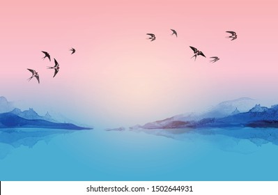 Swallow birds flying in the sunset sky over the water and mountains. Traditional Japanese ink wash painting sumi-e