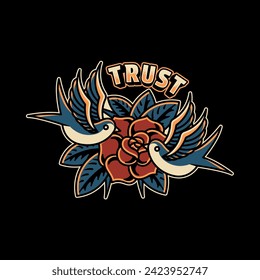 Ilustración de arte de aves y vectores de rosa en objeto aislado. Ilustración de arte del vector de tatuajes antiguo.