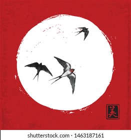 Swallow birds in white circle on red background. Traditional Japanese ink wash painting sumi-e. Hieroglyph - beauty