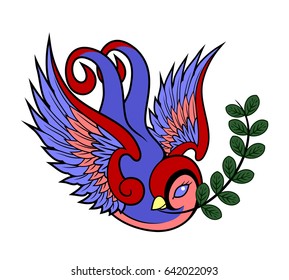 Swallow carries a laurel branch in its beak. Old school tattoo style