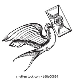 Swallow carries a letter. Old school tattoo style. Outline vector illustration isolated on white background.