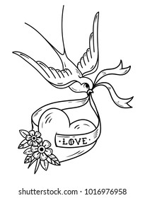 Swallow carries over heart on ribbon with lettering Love. Illustration for Valentines Day. Tattoo heart with flowers and bird. Old school style. Black and white tattoo