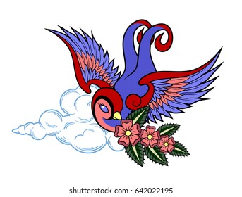 Swallow carrying a flowering branch in its beak, against a background of a cloud. Old school tattoo style