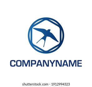 Swallow in a circle with a hexagon in blue. Ready logo