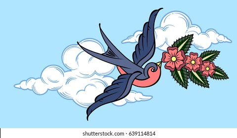 Swallow in the clouds swallow with flowers in the beak. Old school tattoo style
