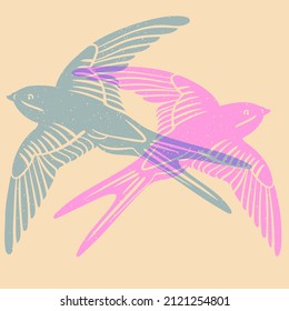 Swallow. Colorful cute screen printing effect. Riso print effect. Vector illustration. Graphic element  for fabric, textile, clothing, wrapping paper, wallpaper