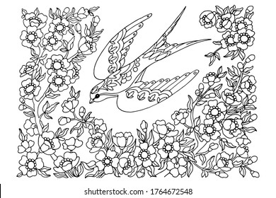 swallow, coloring, antistress, flying over the branches of a blossoming sakura, hand drawn, black and white drawing, sketch, vector illustration