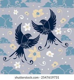 swallow fabric pattern silhouettes style with Flowers bloom