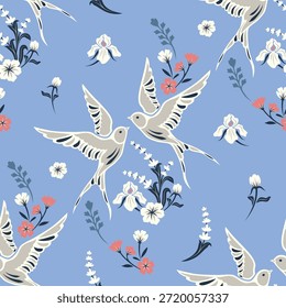 swallow fabric pattern with Wildflowers silhouettes design For textiles, wallpaper, print 