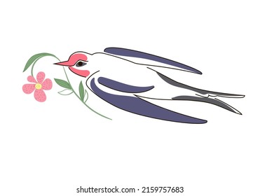 Swallow in flight with a flower in its beak, drawn in doodle style in pastel colors. The bird is flying. Spring symbol. Vector illustration isolated on white background.