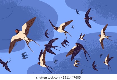 Swallow flock flies in the blue sky. Colony of martins soaring in the air. Urban birds group in flight among clouds. Crowd of feathered animals, birdies flapping with wings. Flat vector illustration