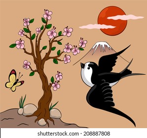 Swallow and flowering tree