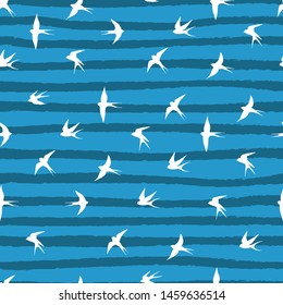 Swallow. Fly bird in strips sky seamless pattern