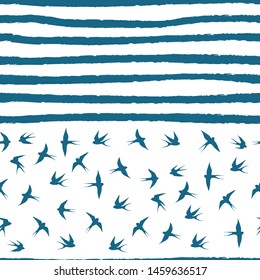 Swallow. Fly bird in strips sky seamless pattern
