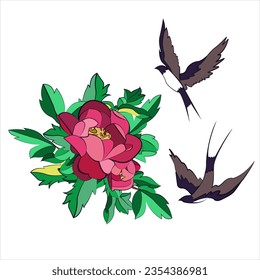 Swallow flying among flowers - vector illustration design. Isolated composition of bird, flower. Color element for business card, tattoo.