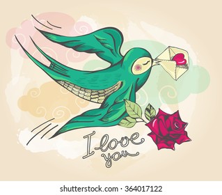 Swallow flying with envelope in beak and rose, vector illustration. Postcard on Valentine's Day.