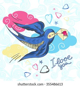 Swallow flying with envelope in beak, vector illustration