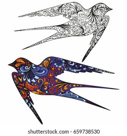 Swallow. Hand drawing. Colorful vector illustration and outline. Decorative pattern for design and decoration of textiles, packaging, printing on a T-shirt and much more