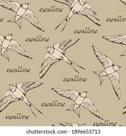 Swallow and House Martin birds vector pattern, hand drawn seamless background