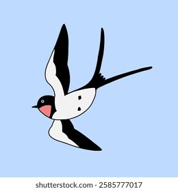 Swallow isolated on a blue background. Cartoon simple flat illustration.