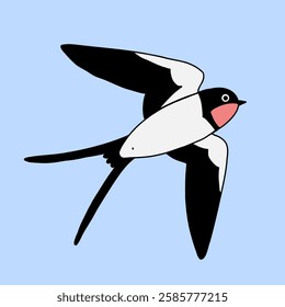 Swallow isolated on a blue background. Cartoon simple flat illustration.