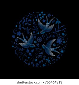 swallow and lace flowers.traditional stylish fashionable embroidered embroidery on a black background. sketch for printing on fabric, bag, clothes, accessories and design. trend vector