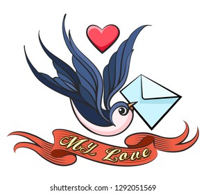 Swallow with love Letter in a beak and ribbon with wording My Love drawn in Tattoo style. Vector illustration.