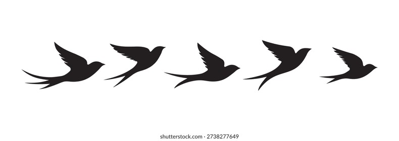 Swallow, martlet. Clear white sky, birds in a natural habitat. Barn swallow flying, wings spread. Hirundo rustica on white background. Wildlife. Tattoo design, watercolor art, set, wild animals, free