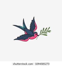 Swallow with olive branch, icon on white background. Vector illustration. 